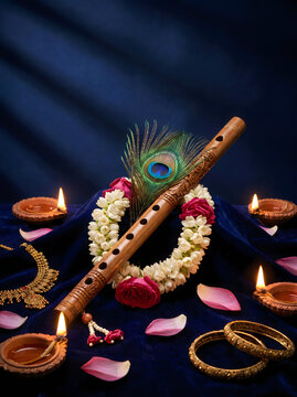 Traditional wooden flute with peacock feather and burning oil lamps for krishna janmashtami