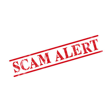 Red grunge rubber stamp impression with the text scam alert angled across the middle of the graphic design