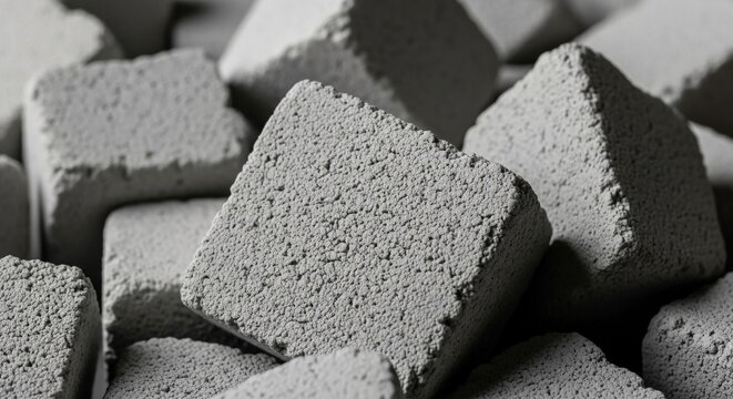 Macro detail of gray cement clinker material, showcasing rough granular texture in construction industry
