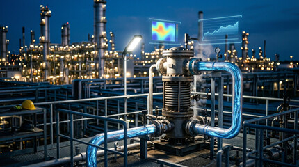 Fototapeta premium Industrial plant glows at night with digitally monitored pipeline systems