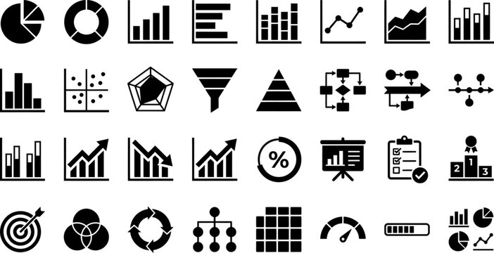 Set of business and data analysis icons, vector illustration of various charts, graphs, and diagrams