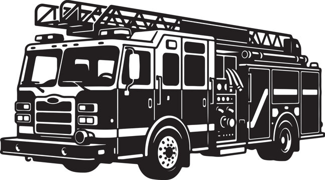 Fire truck vector illustration, black and white fire engine with ladder, emergency rescue vehicle icon for fire safety and first responders