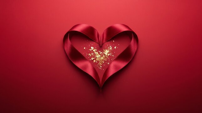 Elegant red satin ribbon heart on crimson background. Romantic silk heart shape with golden sparkles. Luxury Valentine's Day greeting card backdrop.