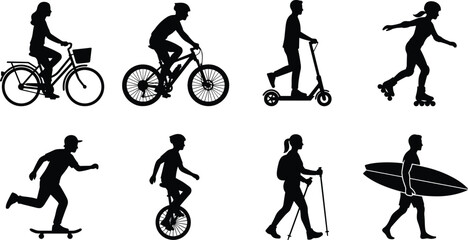 Outdoor and recreational silhouette icon set featuring bicycle, mountain bike, scooter, roller skates, skateboard, unicycle, trekking, and surfboard © Rokon