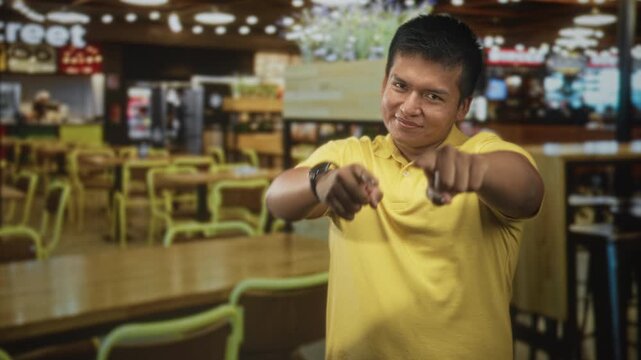 Man pointing finger at camera in a building food court wearing yellow polo and smiling; playful greeting.