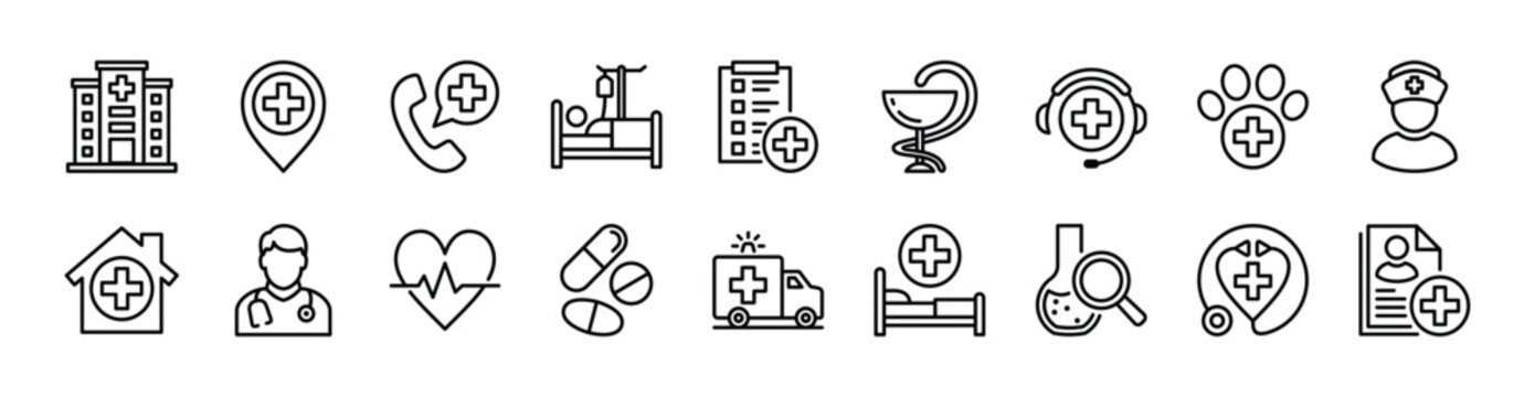 Hospital icon set. Contains map pin location, emergency call support, doctor, patient information data, medicine, pharmacy, health care report, nurse, veterinarian, heartbeat, ambulance, lab - vector