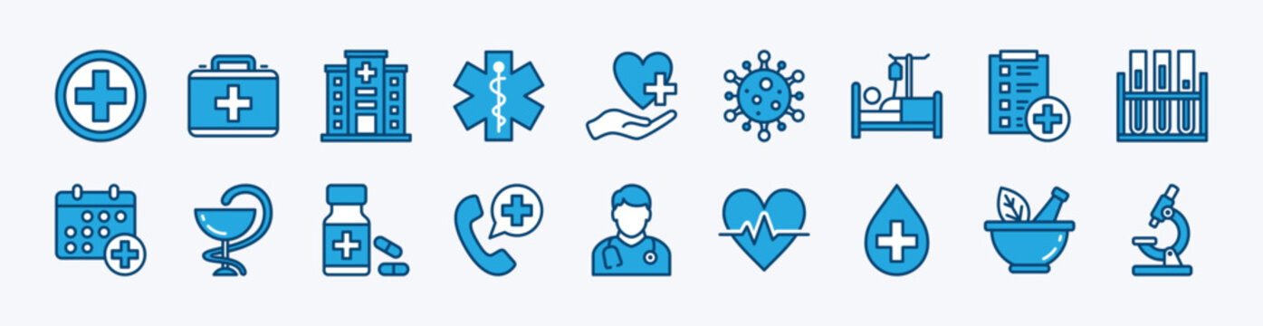 Set of medical icon. Contains first aid kit, hospital, doctor, patient, medicine, pharmacy, emergency call support, health care report, germ, lab test, heartbeat, blood, herbs, microscope - vector