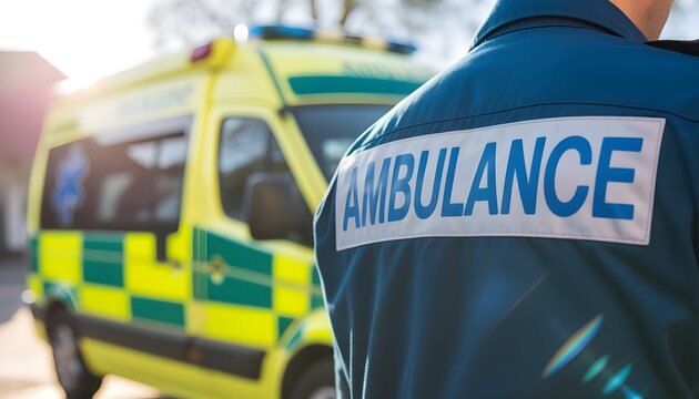 Paramedic in blue uniform standing in front of an emergency ambulance vehicle.