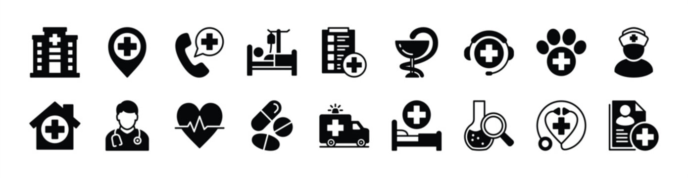Hospital icon vector set. Contains map pin location, emergency call support, medicine, pharmacy, health care report, doctor, patient information data, nurse, veterinarian, heartbeat, ambulance, lab