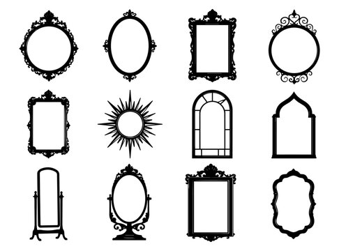 Decorative mirror silhouette collection with twelve different ornate frames featuring oval, rectangular, arched and freestanding shapes for vintage interior design projects