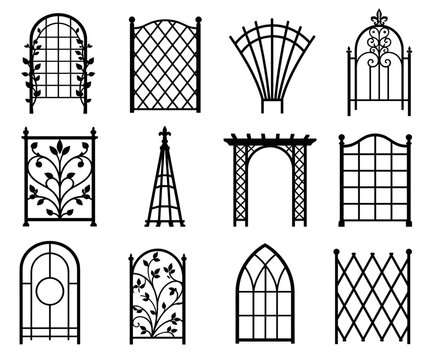 Garden trellis silhouette collection with twelve different decorative climbing supports featuring lattice panels, arches, floral patterns and varied outdoor garden structures