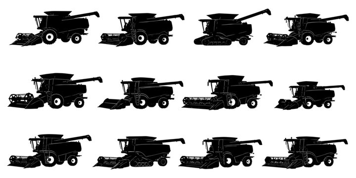 Combine harvester silhouette collection with twelve different agricultural machines featuring cutting headers, grain tanks and unloading augers for modern farming and harvesting