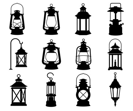 Lantern silhouette collection with twelve different portable lights featuring handles, glass chambers, hanging hooks and varied vintage outdoor