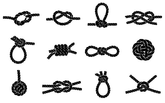 Rope knot silhouette collection with twelve different nautical knots featuring loops, twists and braided rope forms for sailing and maritime