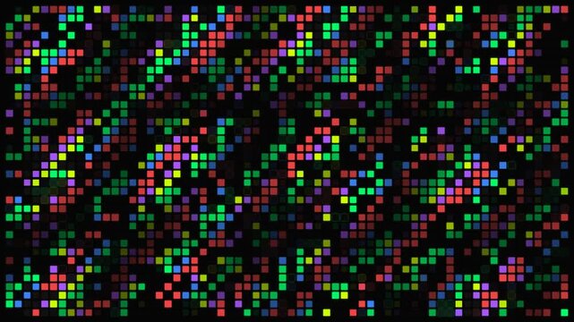 Abstract digital pattern of glowing colorful square pixels on black background