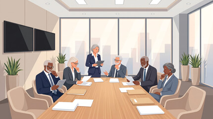 Obraz premium Independent Directors Evaluating Technology Ethics and Regulatory Compliance in Formal Strategic Review Meeting Inside Contemporary International Executive Boardroom