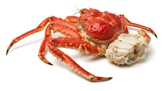 A vibrant red crab rests on a white surface, displaying its large claws and a portion of its shell. The crab appears to be a Japanese spider crab, showcasing its distinctive coloration and size.
