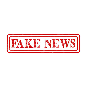 Red rubber ink stamp with the text fake news inside a rectangular border for media and internet verification