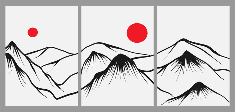 Creative minimalist modern line art print. Abstract mountain contemporary aesthetic backgrounds landscapes. with mountain, sun, hills on set