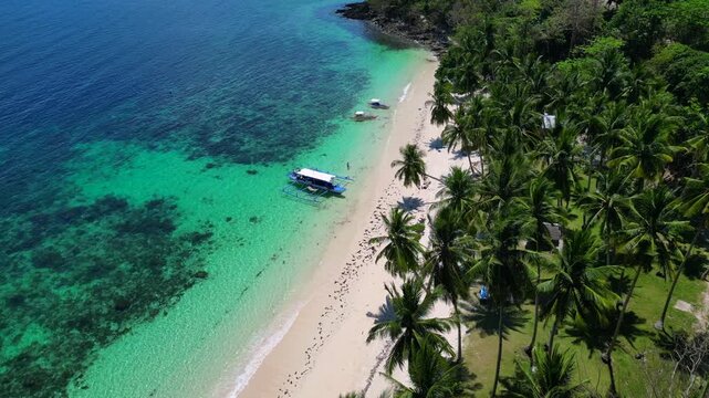 Tropical beach with clear water and outrigger boat. dPerfect aerial view rone