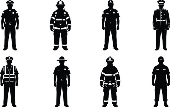 Public Service and Emergency Personnel Silhouette Icons Set Showing Police, Firefighter, and Uniformed Professional Roles in Black Vector Style