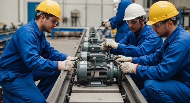 Skilled workers in blue uniforms assemble industrial machinery on a factory production line