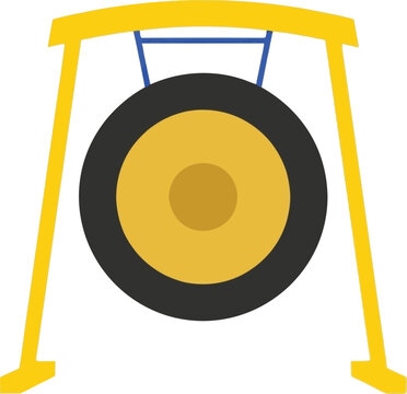 Traditional brass gong hanging on yellow stand asian percussion musical instrument sound celebration symbol vector illustration isolated on white background
