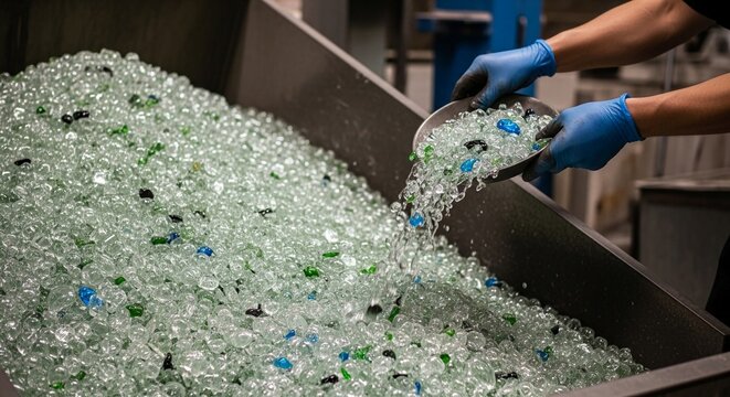 Worker in blue gloves scoops crushed glass materials into a large recycling bin at an industrial processing facility