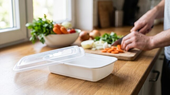 Empty plastic food storage container mockup on wooden kitchen counter near man chopping fresh vegetables