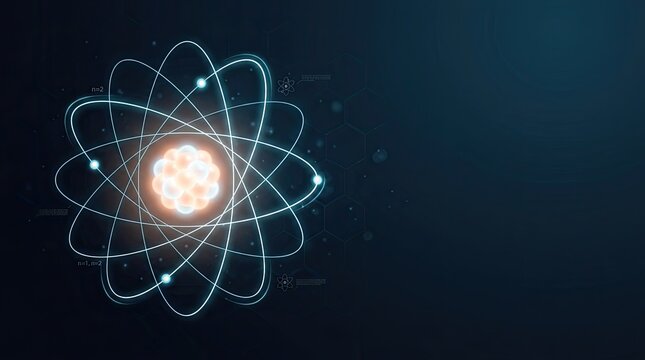 A stylized atomic model displays a central nucleus surrounded by orbiting electrons. The nucleus glows with a warm, bright light, while the electrons are represented as smaller, luminous particles.