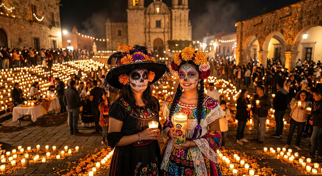 Teenage Girls Dressed as Catrinas Celebrating Day of the Dead in Mexico