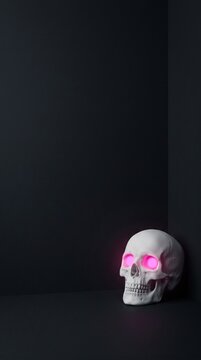 matte white skull with glowing pink eyes pushed into the lower right corner.
