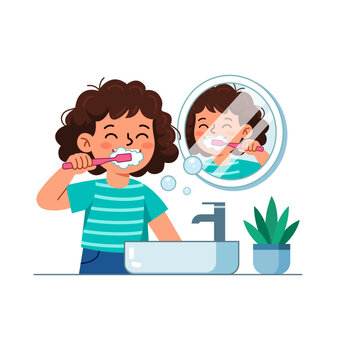 Little girl brushing teeth looking at mirror in bathroom vector illustration daily dental hygiene care