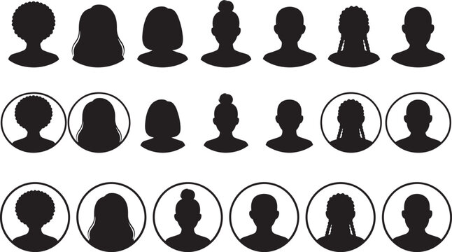 Collection of Silhouette Icons Showing Diverse Human Hairstyles and Head Shapes Isolated for Design and Illustration Projects Featuring Varied Styles for Creative Use