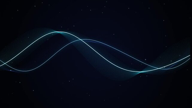 Abstract Cyan Glowing Sine Waves and Floating Particles on Dark Background - Motion Graphic