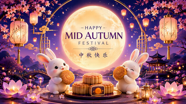 Happy mid autumn festival poster with lotus flowers rabbits and mooncakes chinese festival oriental