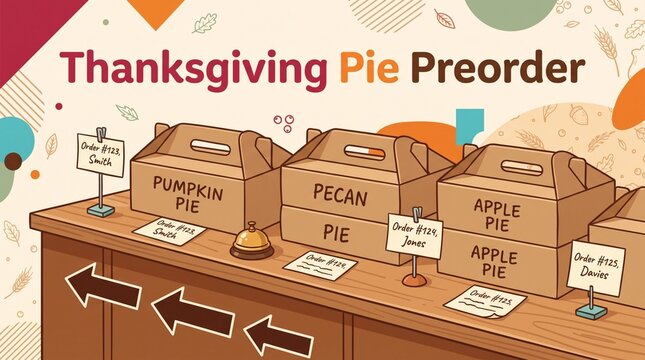 Thanksgiving Pie Preorder Banner with Pumpkin, Pecan and Apple Pie Boxes for Bakery Advertising, Holiday Pickup Campaigns and Seasonal Food Promotion