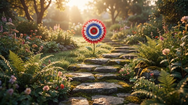 Target achievement concept with stone garden pathway leading to red white blue bullseye flower