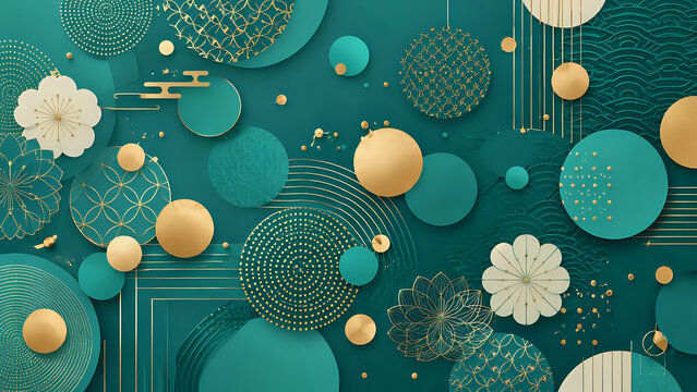 Abstract oriental background with golden circles and floral patterns on teal