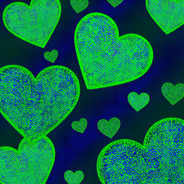 Glowing neon glitter green hearts pattern on dark neon blue background heart texture wallpaper