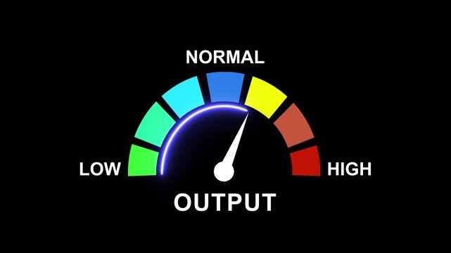Dynamic output gauge meter animation: performance monitoring and data visualization concept indicator
