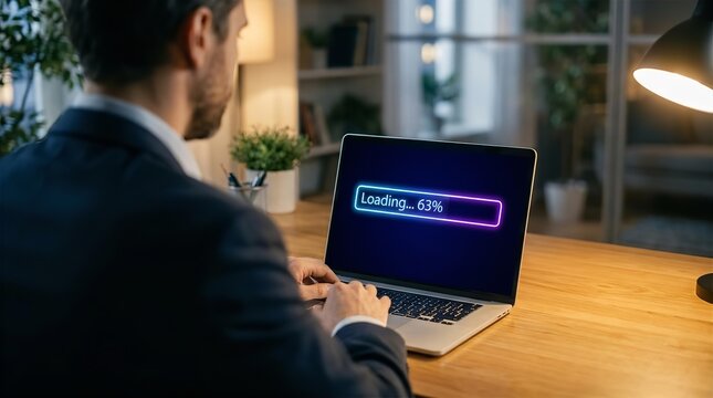 Person waiting for computer system update with digital neon progress status bar