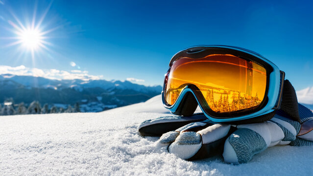 Ski goggles and winter gloves on snow with blurred sunny ski resort background banner.