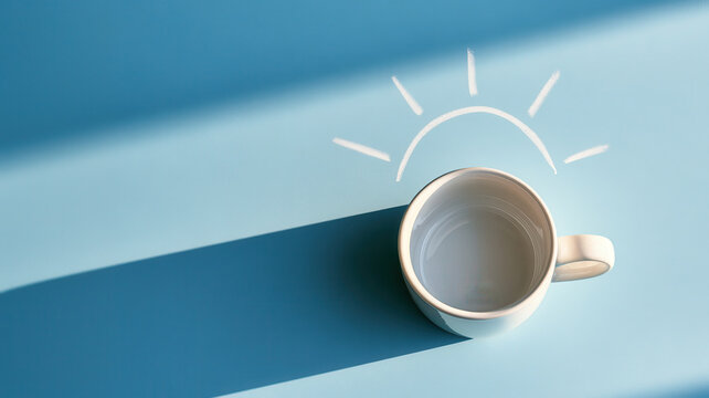 White coffee mug or teacup on a light blue background with a hand drawn sun icon and long shadows, symbolizing a refreshing morning, new beginnings, or an awakening concept