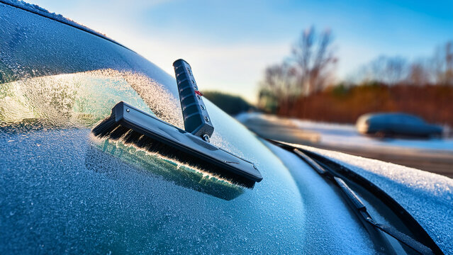 Ice scraper on frozen car windshield with blurred winter background banner.