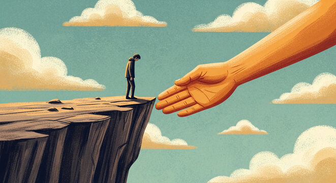 A person stands at a cliff edge reaching for a large hand, symbolizing hope, support, and reaching out for help.