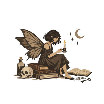 Fairy woman with butterfly wings sitting on stack of old books holding candle. Dark fantasy girl with skull, potion bottle, open book, key and crescent
