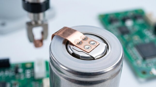 Precision spot welding of a copper strip onto a lithium-ion battery cell terminal, highlighting modern battery manufacturing and assembly processes for electronic devices