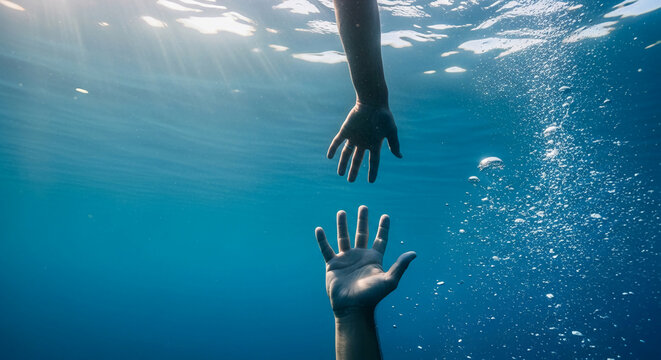 Underwater shot of two hands reaching out to each other, symbolizing help, hope, and connection in a serene blue ocean.