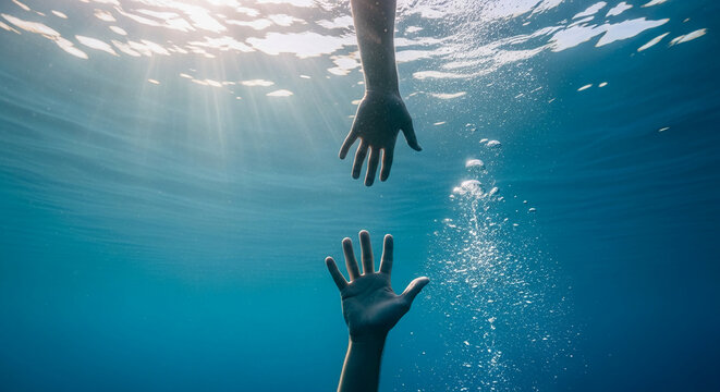 Underwater view of two hands reaching for each other amidst sunlight and bubbles, symbolizing connection, hope, and mutual support